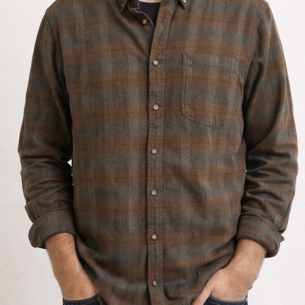 Men's Olive & Brown Plaid Button-Down Shirt